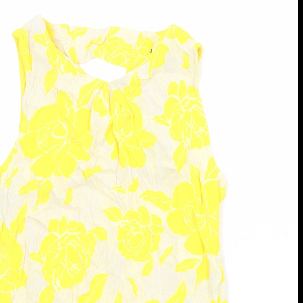 Warehouse Womens Yellow Floral Viscose Basic Tank Size 12 Round Neck