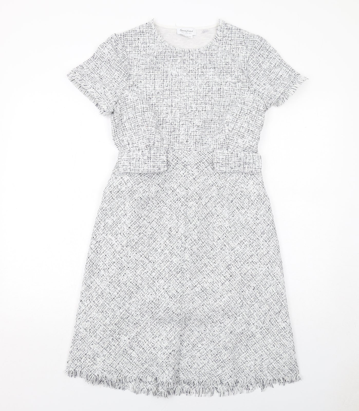 Seraphine Womens White Polyester A-Line Size 8 Round Neck Zip - Frayed Hem and Sleeves