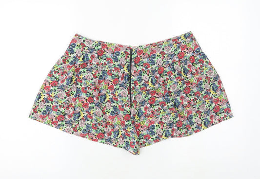 Ribbon Womens Multicoloured Floral 100% Cotton Hot Pants Shorts Size 12 Regular Zip