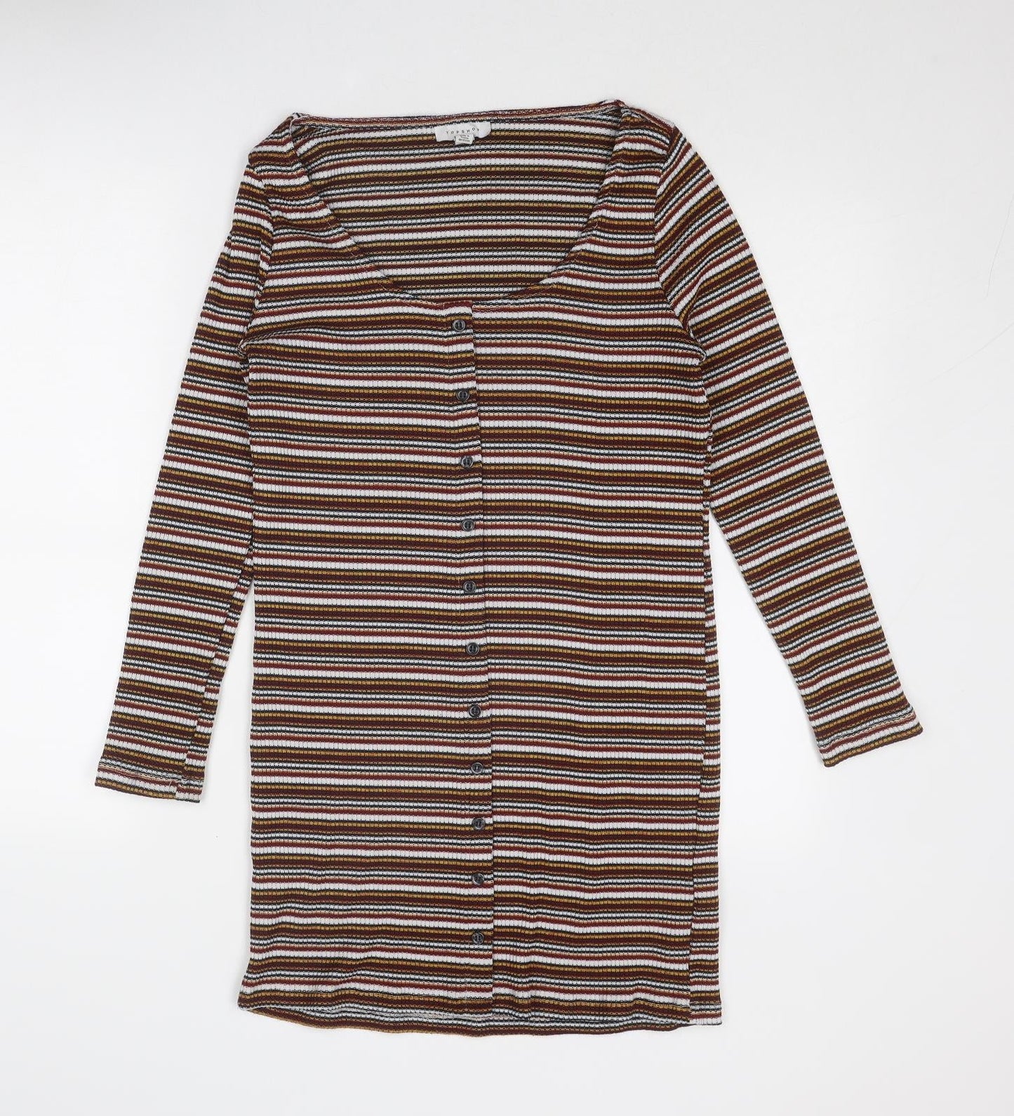 Topshop Womens Multicoloured Striped Polyester Shirt Dress Size 16 Round Neck Button