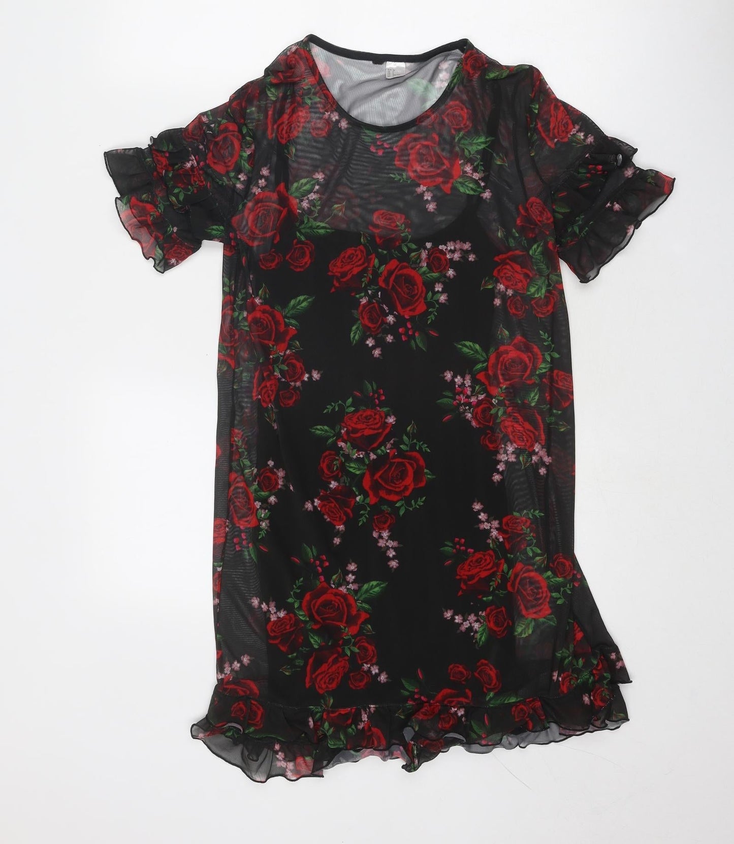 Divided by H&M Womens Black Floral Polyester Sheath Size 4 Boat Neck Pullover - Rose Print
