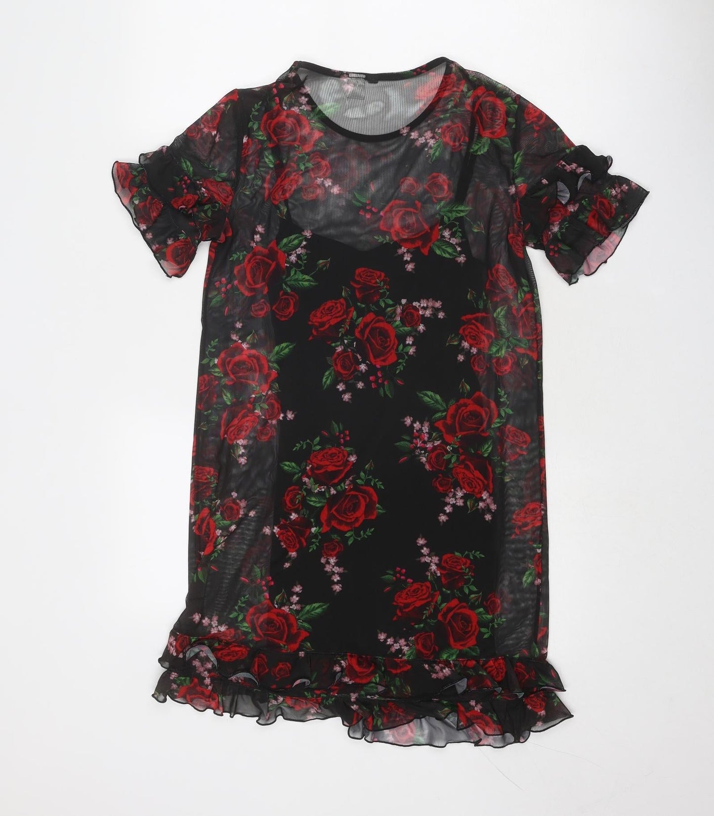 Divided by H&M Womens Black Floral Polyester Sheath Size 4 Boat Neck Pullover - Rose Print