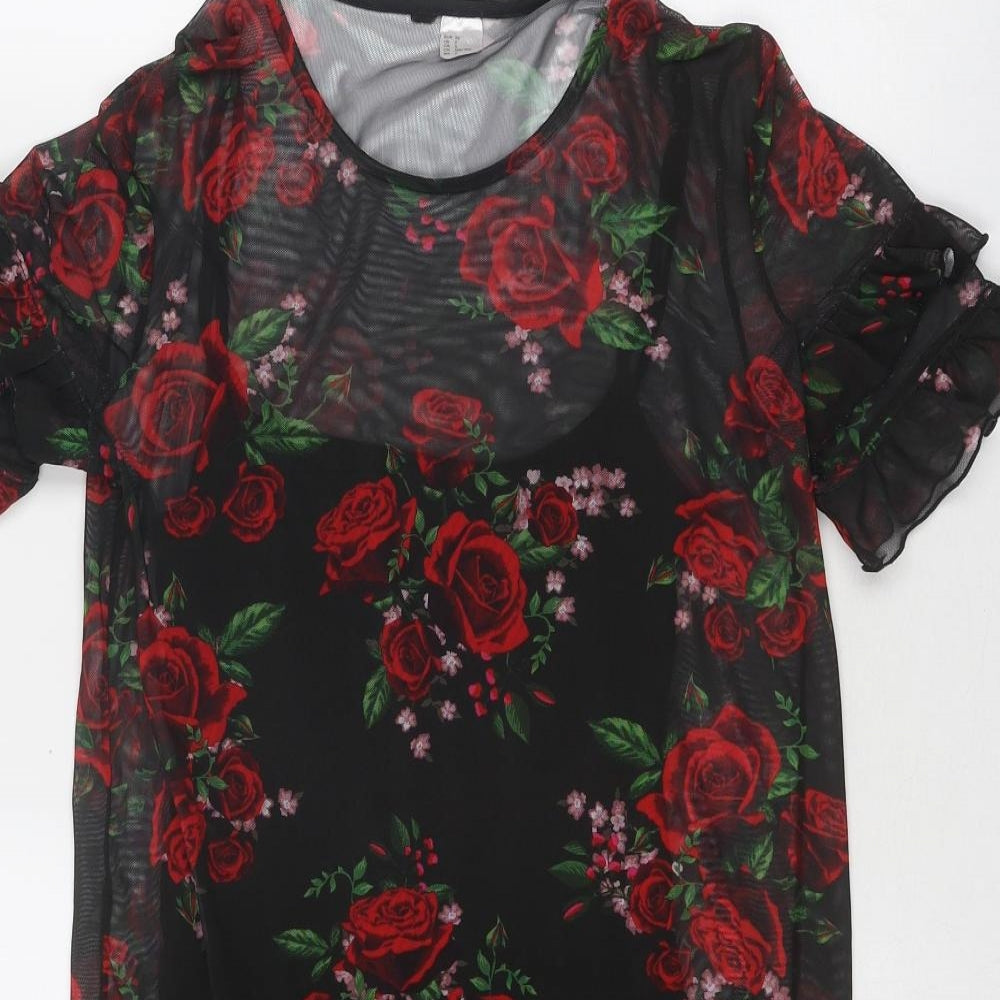 Divided by H&M Womens Black Floral Polyester Sheath Size 4 Boat Neck Pullover - Rose Print