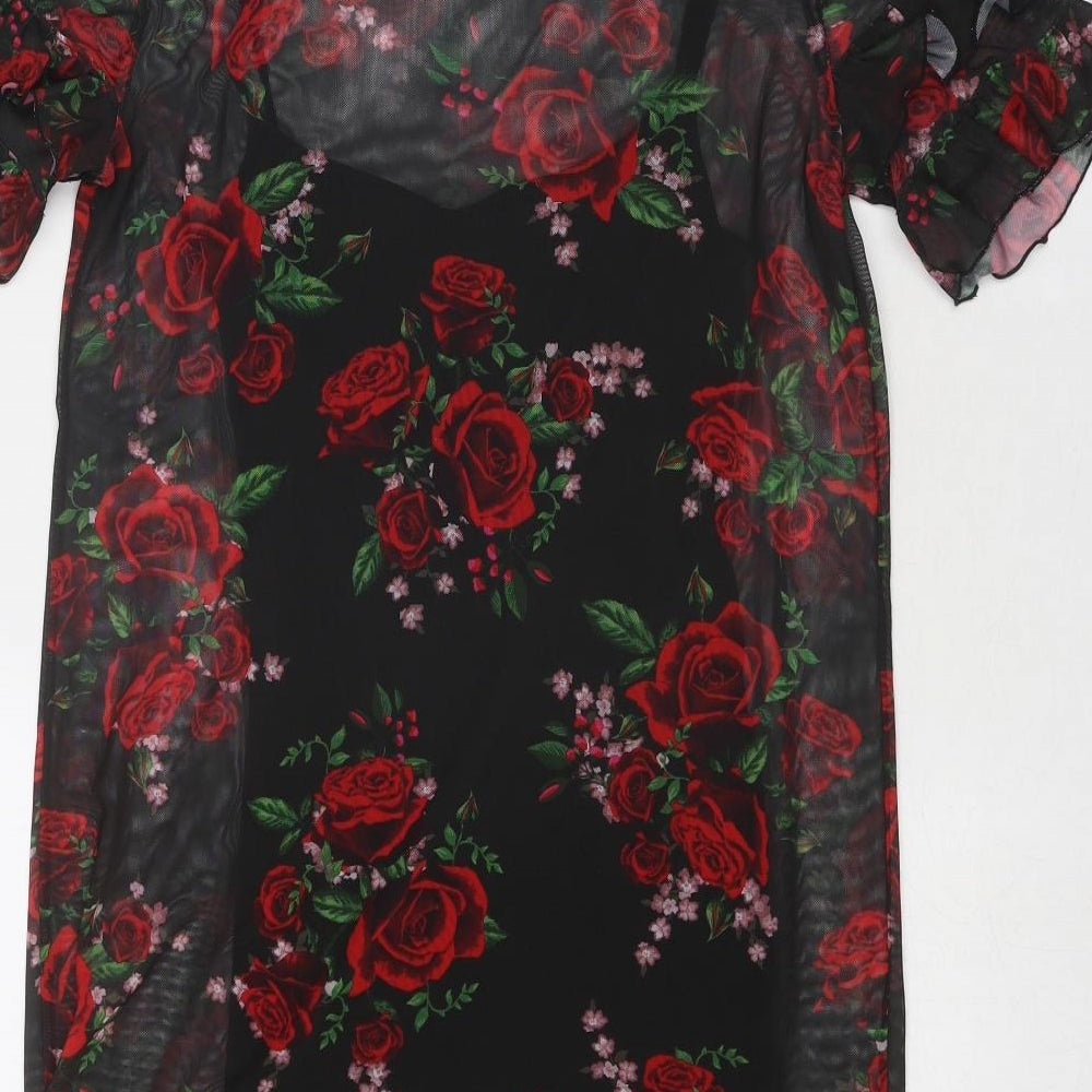 Divided by H&M Womens Black Floral Polyester Sheath Size 4 Boat Neck Pullover - Rose Print