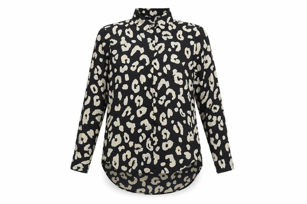 JS Millennium Womens Black Animal Print Polyester Basic Button-Up Size S Collared - Leopard Pattern