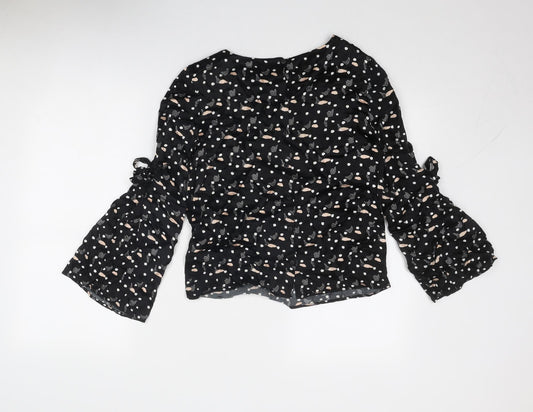 Oliver Bonas Womens Black Geometric Viscose Basic Blouse Size 8 Round Neck
