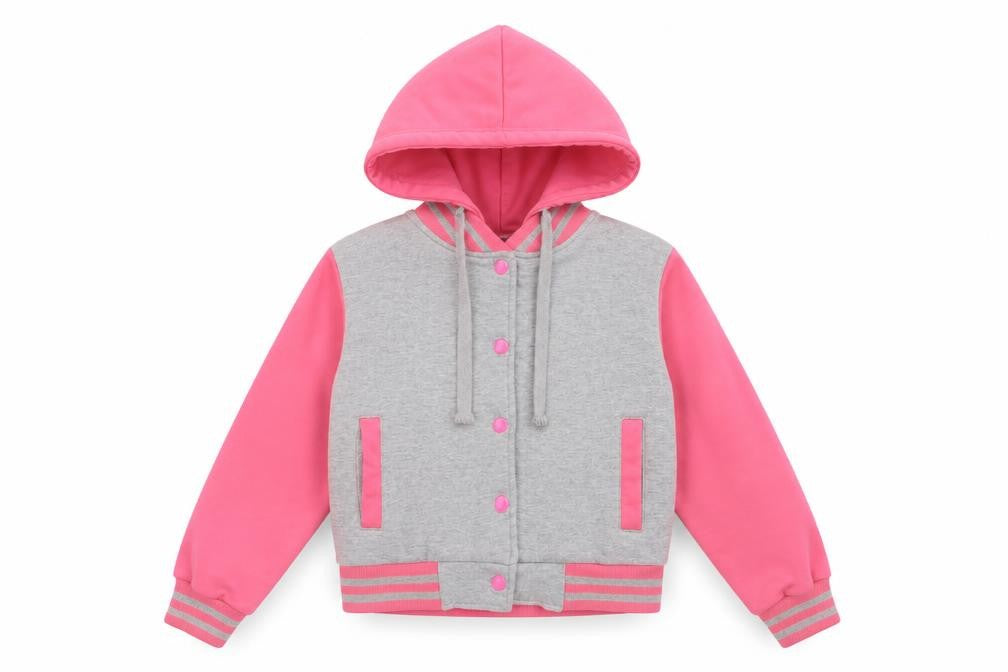 Front view of AtoZ girls’ pink colourblock jacket, size 11-12, years snap