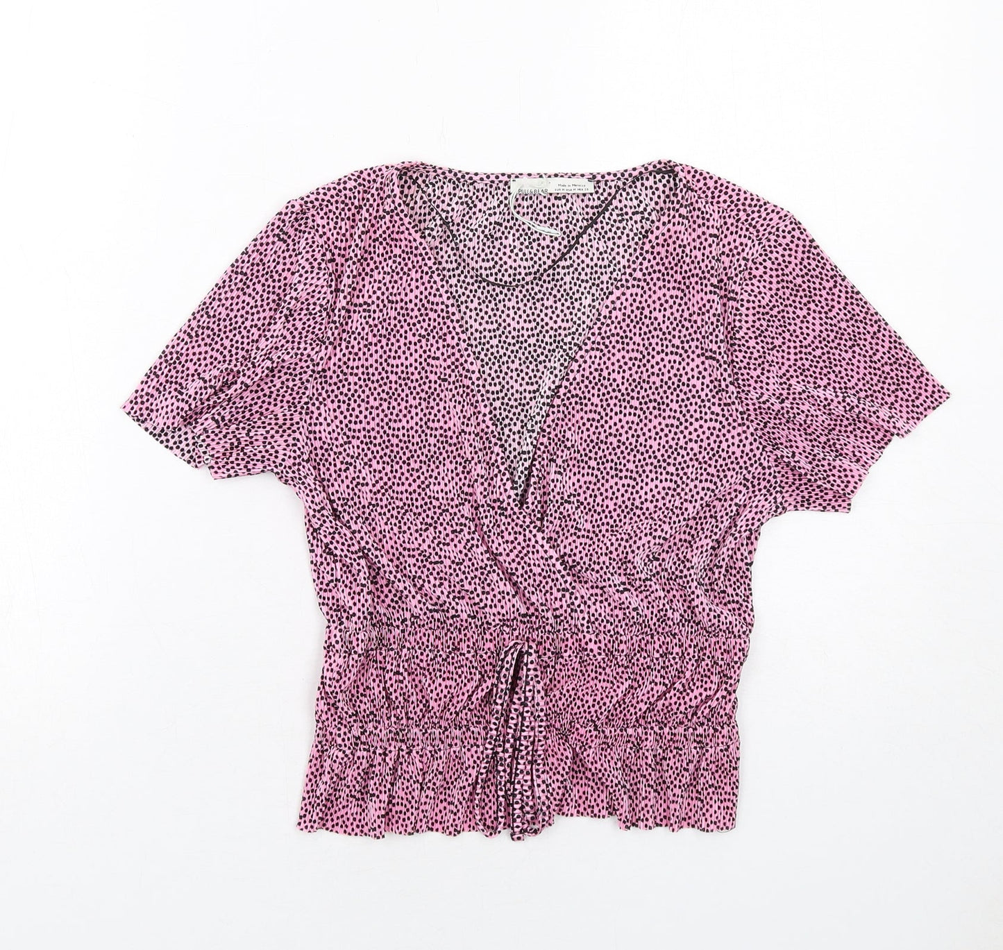 Pull&Bear Womens Pink Polka Dot Polyester Basic T-Shirt Size M V-Neck
