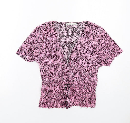 Pull&Bear Womens Pink Polka Dot Polyester Basic T-Shirt Size M V-Neck