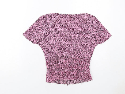 Pull&Bear Womens Pink Polka Dot Polyester Basic T-Shirt Size M V-Neck