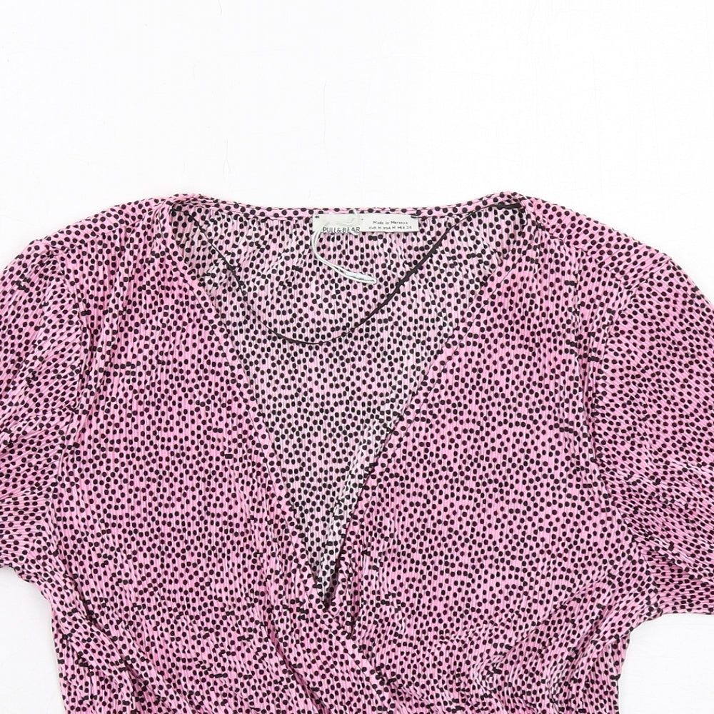 Pull&Bear Womens Pink Polka Dot Polyester Basic T-Shirt Size M V-Neck