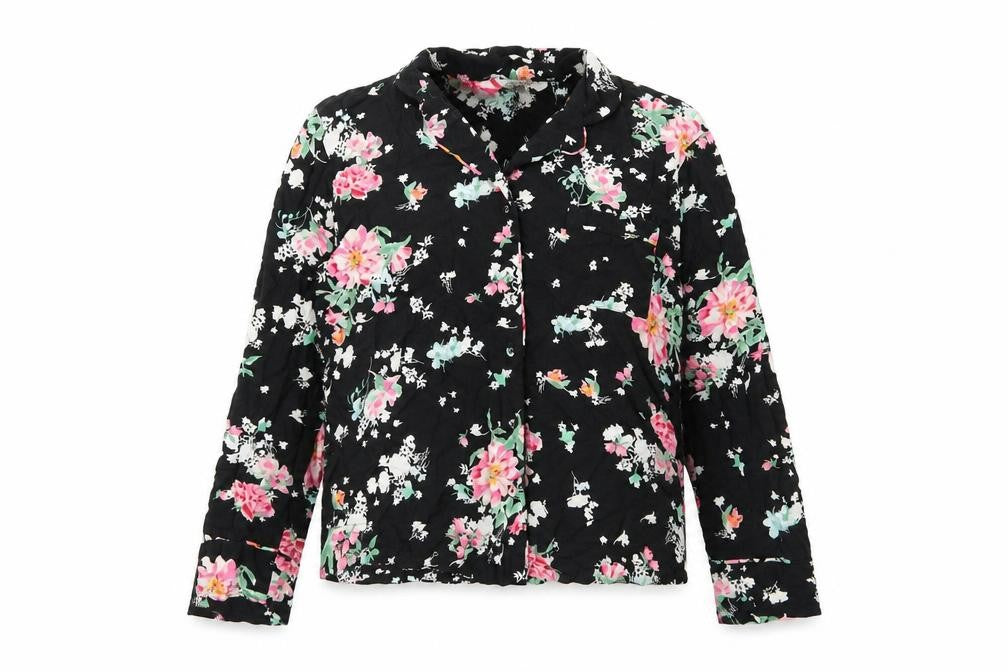 Marks and Spencer Womens Black Floral Viscose Basic Button-Up Size 12 Collared