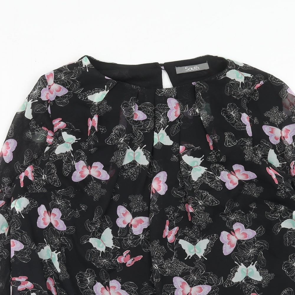 South Womens Black Geometric Polyester Basic Blouse Size 8 Round Neck - Butterfly