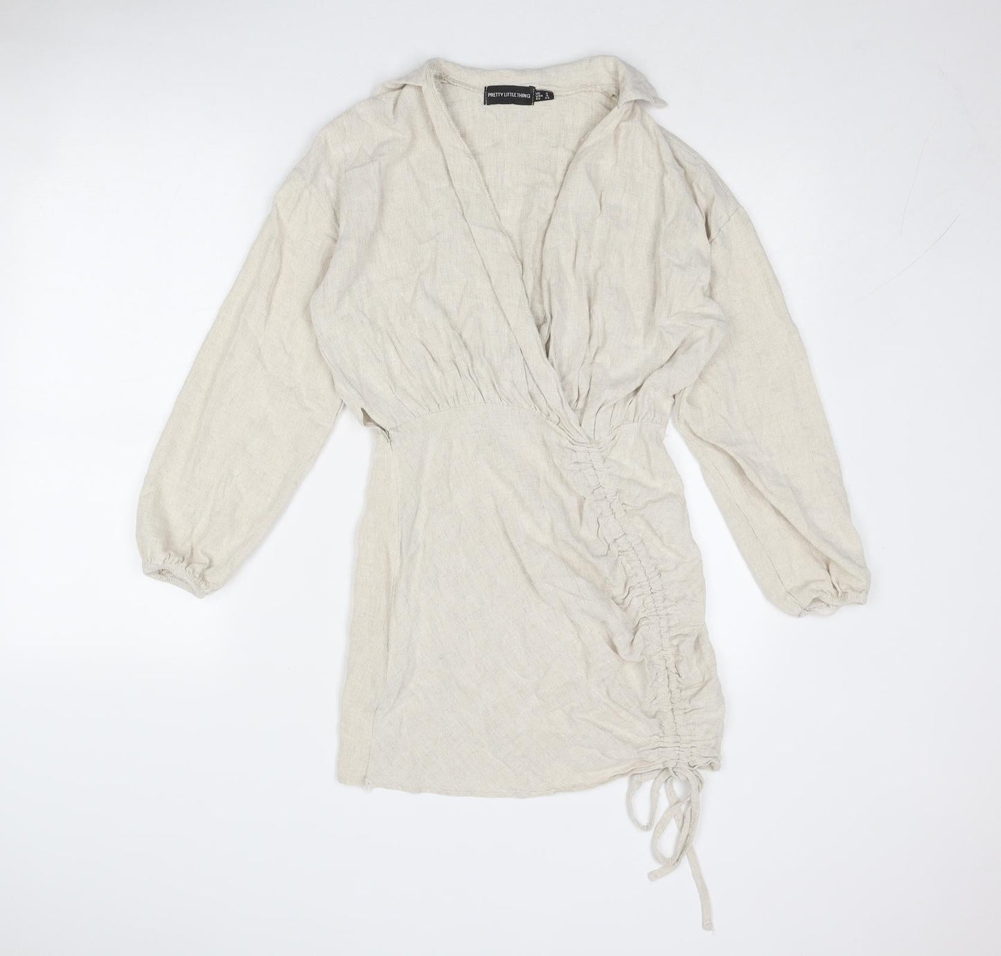 PRETTYLITTLETHING Womens Beige Linen A-Line Size 8 Collared Zip