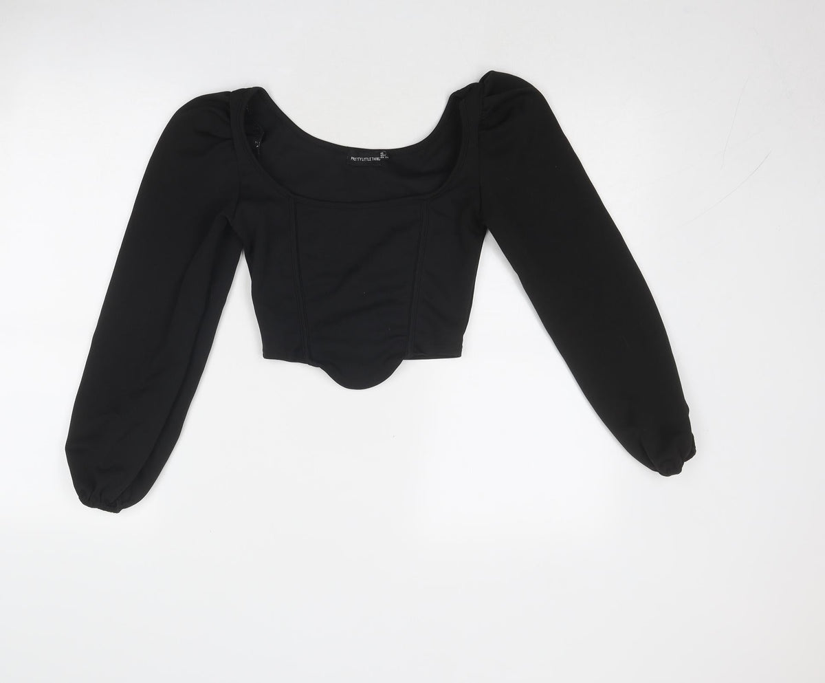 PRETTYLITTLETHING Womens Black Polyester Cropped Blouse Size 6 Boat Neck