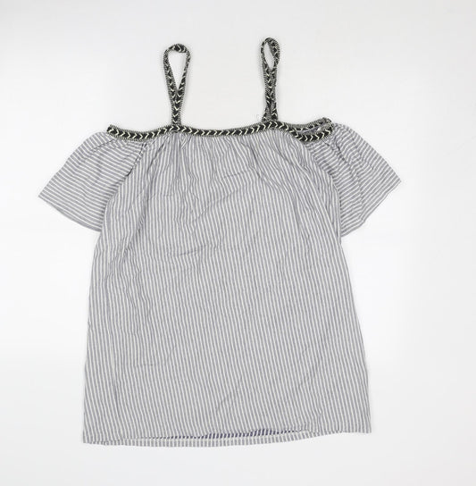 Pull&Bear Womens Blue Striped Cotton Basic Blouse Size M Off the Shoulder
