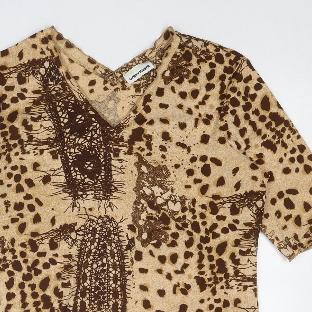 Gerry Weber Womens Brown Geometric Polyester Basic T-Shirt Size 16 V-Neck