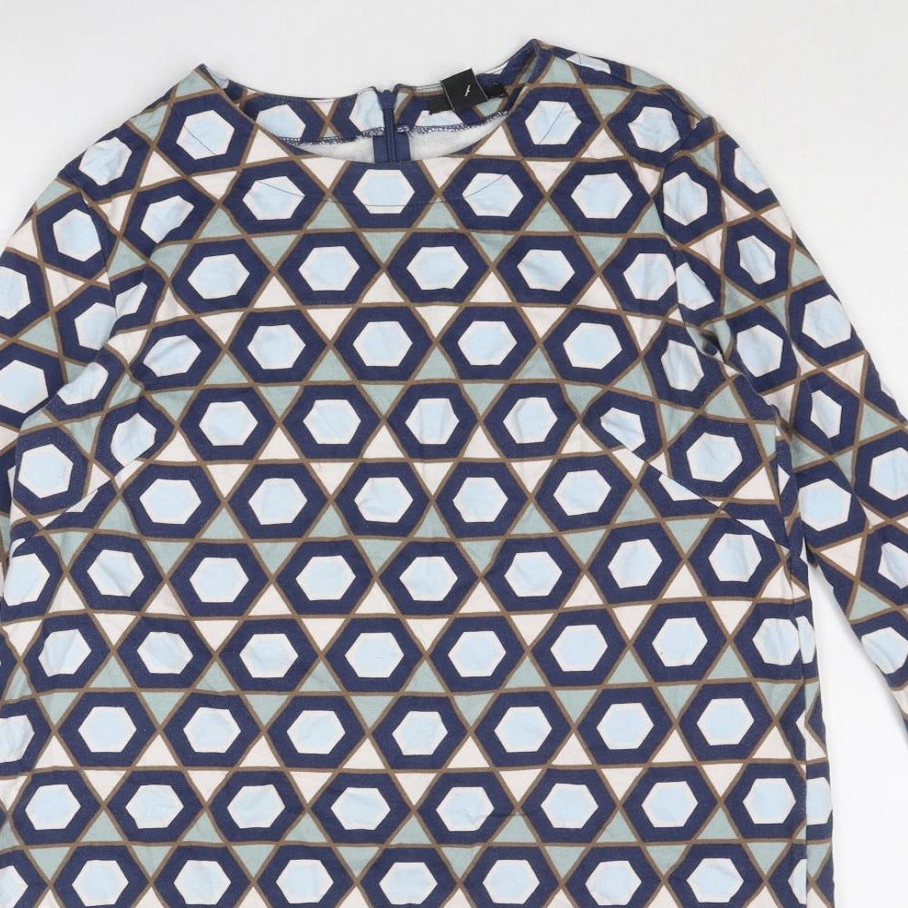 H&M Womens Blue Geometric Cotton A-Line Size M Round Neck Zip