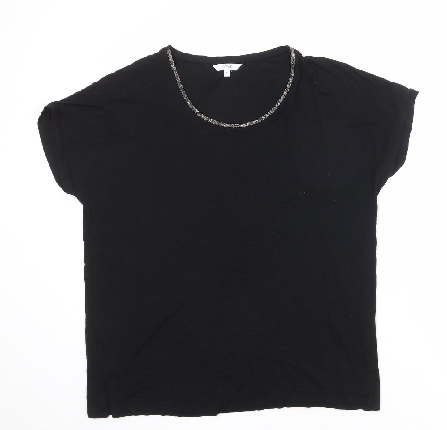 NEXT Womens Black Viscose Basic T-Shirt Size 12 Round Neck