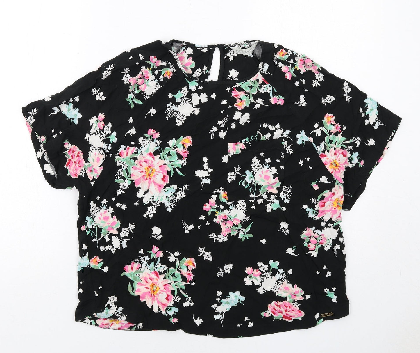 Marks and Spencer Womens Black Floral Viscose Basic Blouse Size 14 Round Neck