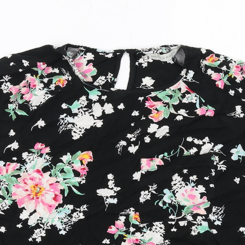 Marks and Spencer Womens Black Floral Viscose Basic Blouse Size 14 Round Neck