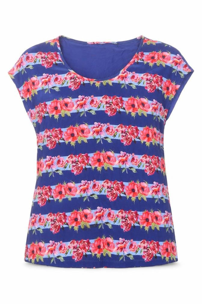 East Womens Blue Floral Silk Basic T-Shirt Size S Scoop Neck