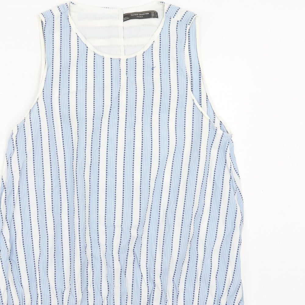 Zara Womens Blue Striped Cotton Tank Dress Size S Boat Neck Button