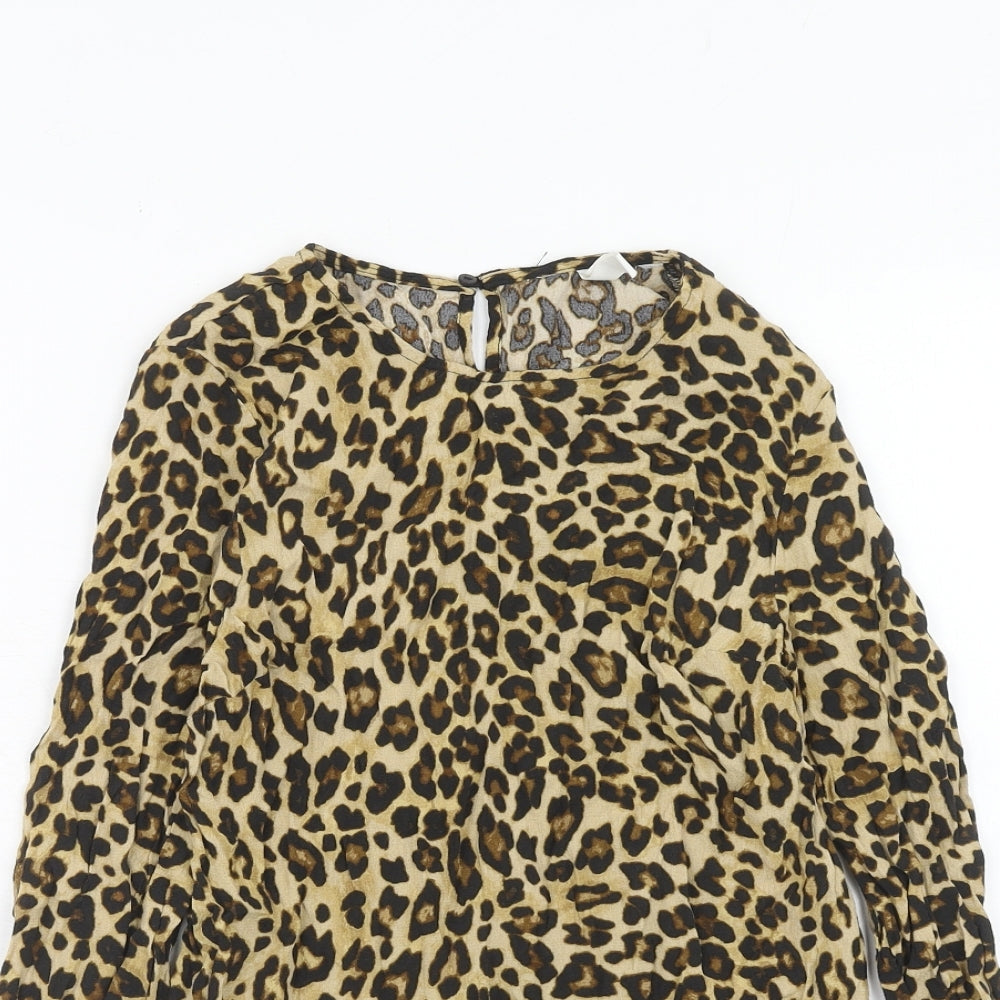 H&M Womens Brown Animal Print Viscose Basic Blouse Size 6 Round Neck - Leopard Print