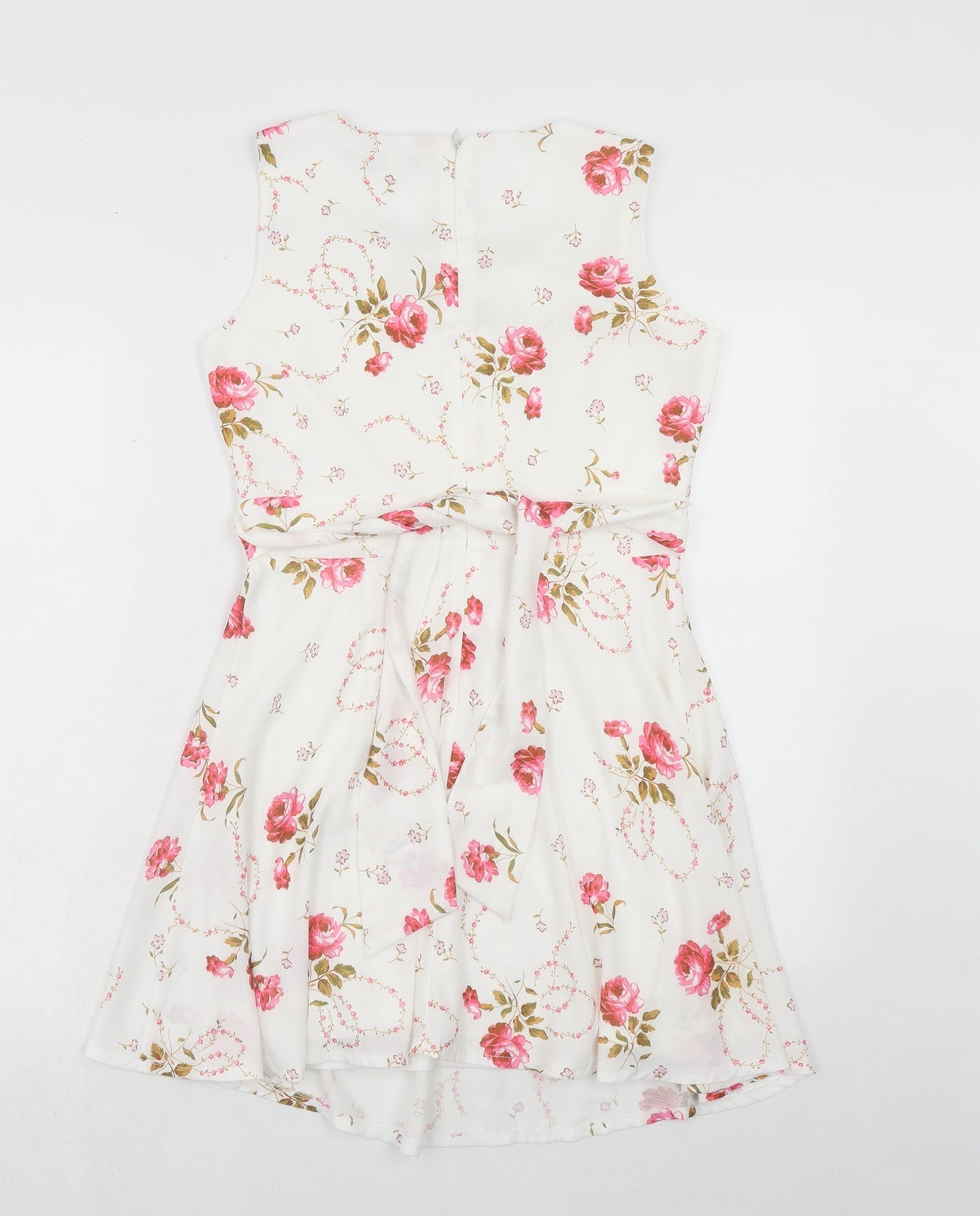Yumi Womens White Floral Polyester A-Line Size 10 Boat Neck Zip