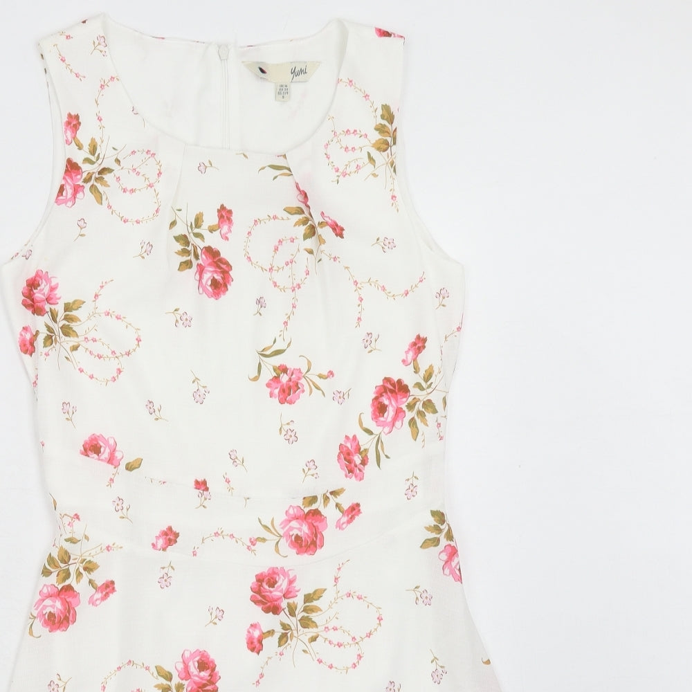 Yumi Womens White Floral Polyester A-Line Size 10 Boat Neck Zip