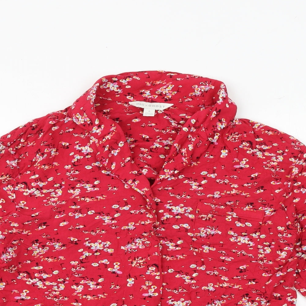 Marks and Spencer Womens Red Floral Viscose Basic Button-Up Size 8 Collared