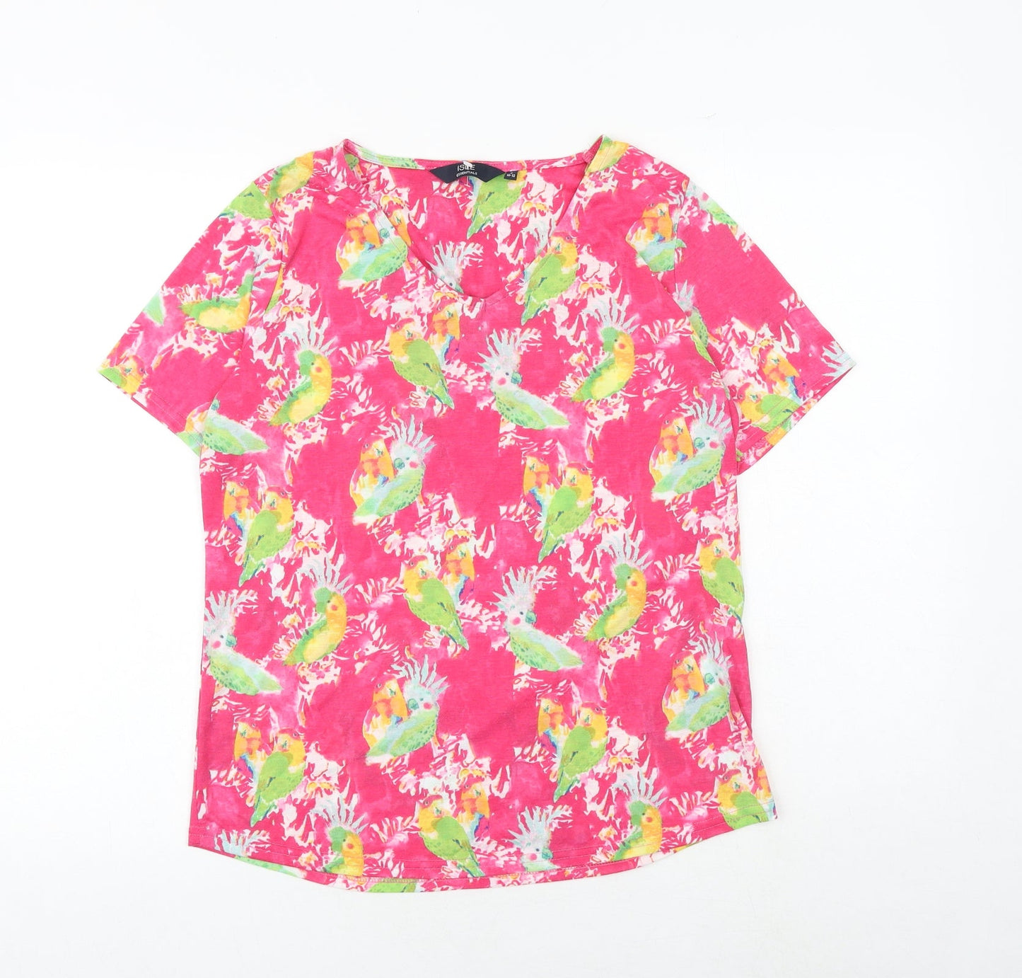 EWM Womens Pink Geometric Polyester Basic T-Shirt Size M V-Neck - Parrot Print