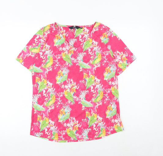 EWM Womens Pink Geometric Polyester Basic T-Shirt Size M V-Neck - Parrot Print