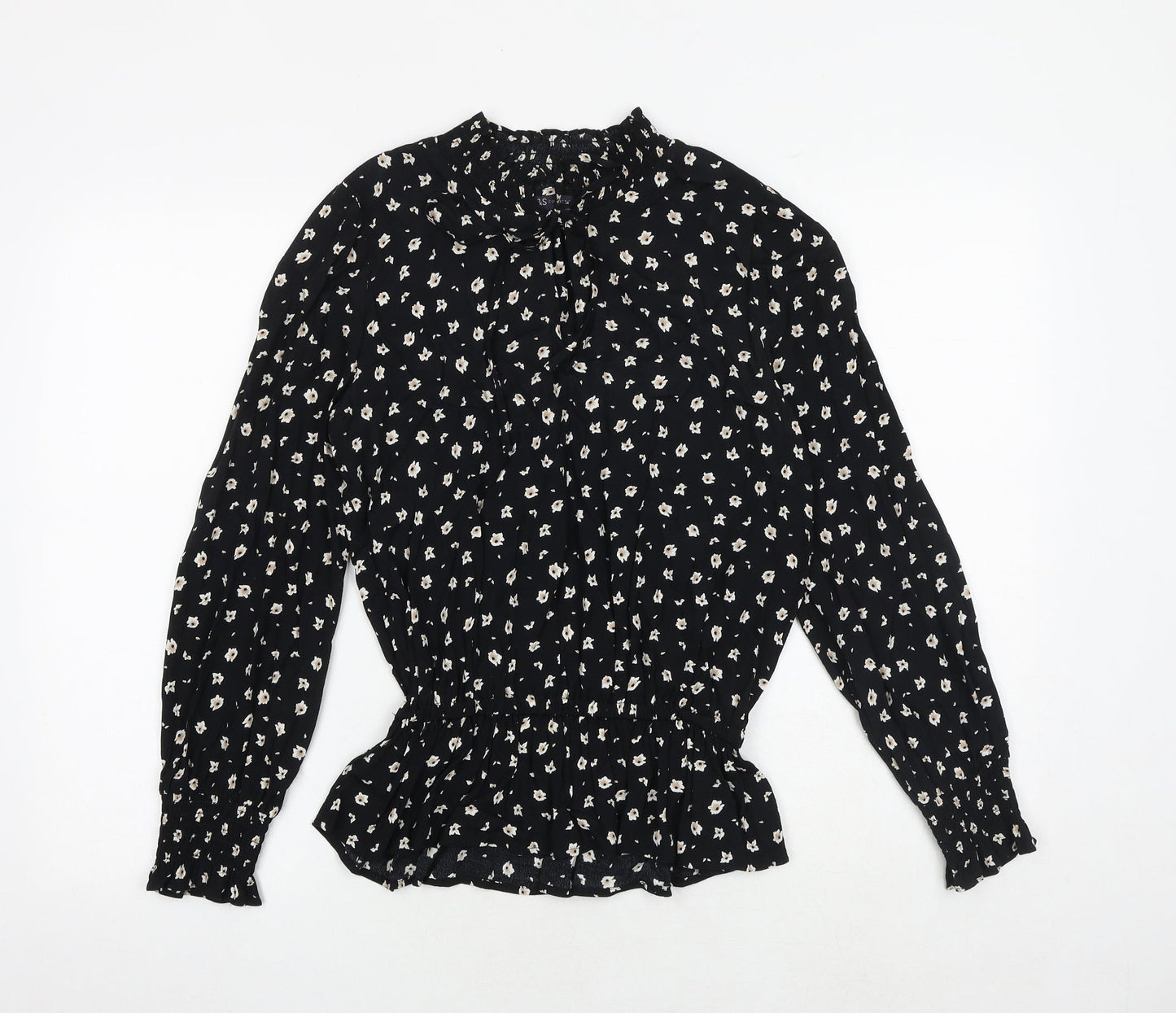 Marks and Spencer Womens Black Floral Viscose Basic Blouse Size 8 Mock Neck