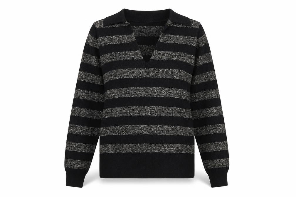 Marks and Spencer Womens Black Collared Striped Viscose Pullover Jumper Size XS