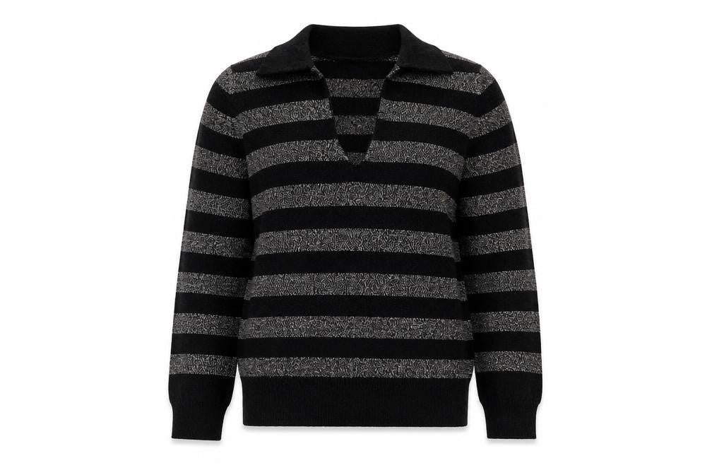 Marks and Spencer Womens Black V-Neck Striped Polyester Pullover Jumper Size S