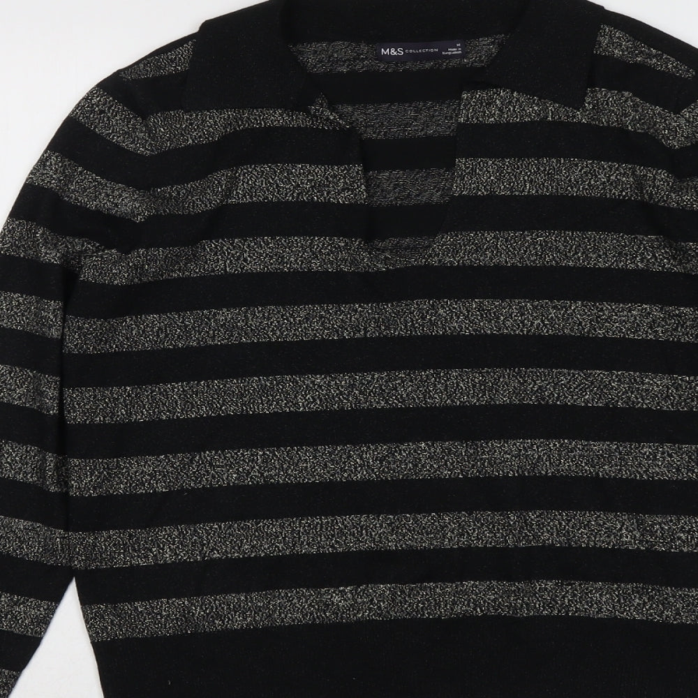Marks and Spencer Womens Black Collared Striped Viscose Pullover Jumper Size M