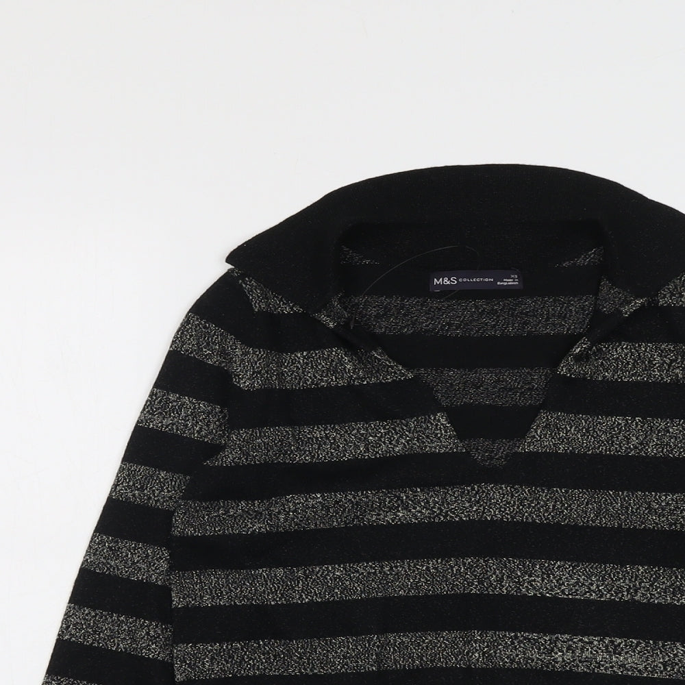 Marks and Spencer Womens Black Collared Striped Viscose Pullover Jumper Size XS