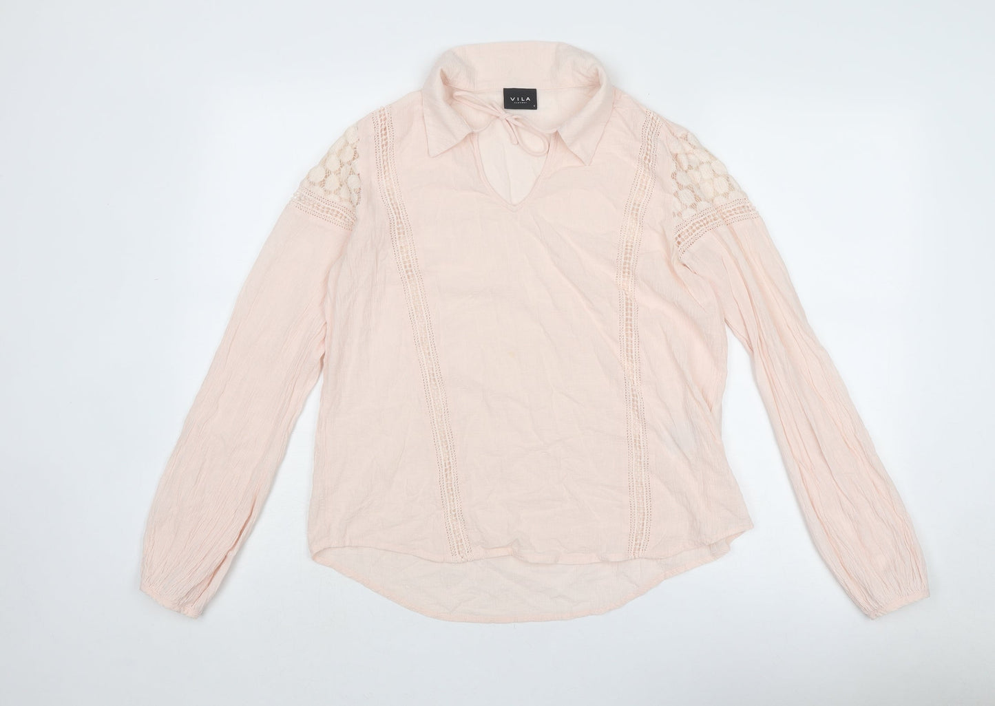 VILA Womens Pink Cotton Basic Blouse Size S Collared - Lace Details