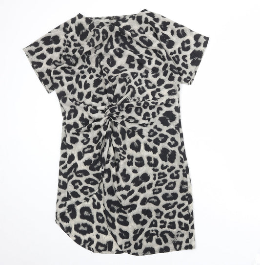 Vonda Womens Beige Animal Print Polyester A-Line Size S Boat Neck Pullover - Leopard Pattern