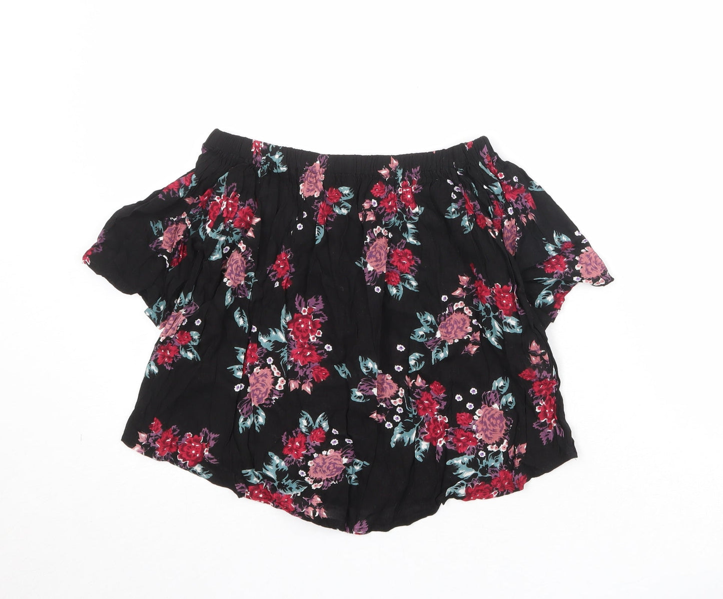 Select Womens Black Floral Viscose Basic Blouse Size 8 Off the Shoulder