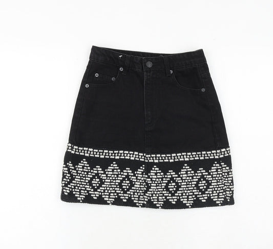 Stradivarius Womens Black Geometric Cotton A-Line Skirt Size 6 Zip