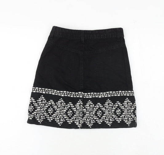Stradivarius Womens Black Geometric Cotton A-Line Skirt Size 6 Zip