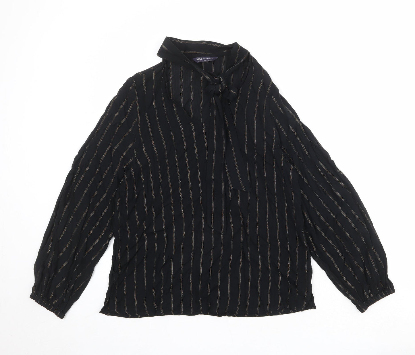 Marks and Spencer Womens Black Striped Viscose Basic Blouse Size 10 Round Neck