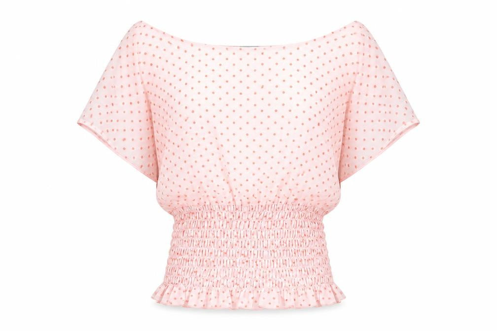 Front view of ASOS women’s pink polka dot polyester basic blouse, size UK 6, off the shoulder - shirred