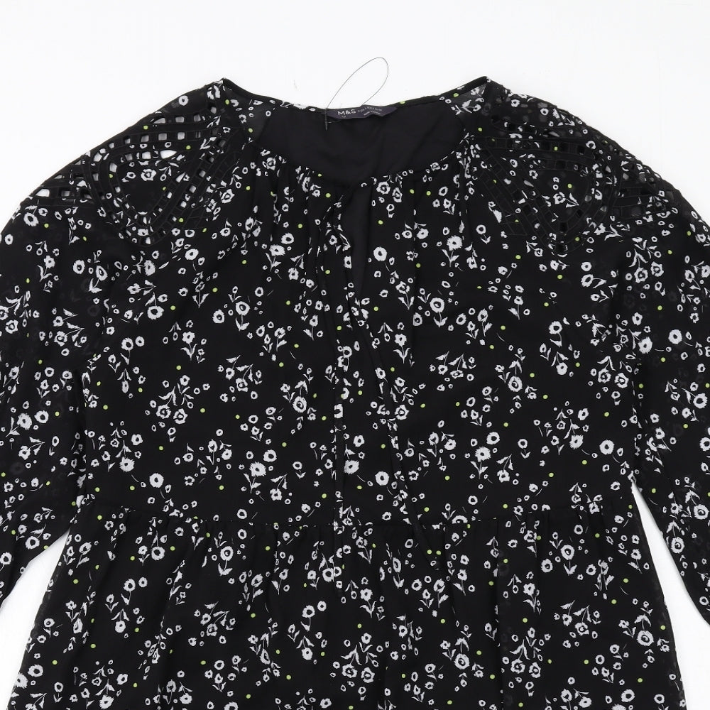 Marks and Spencer Womens Black Floral Polyester A-Line Size 12 Round Neck Pullover