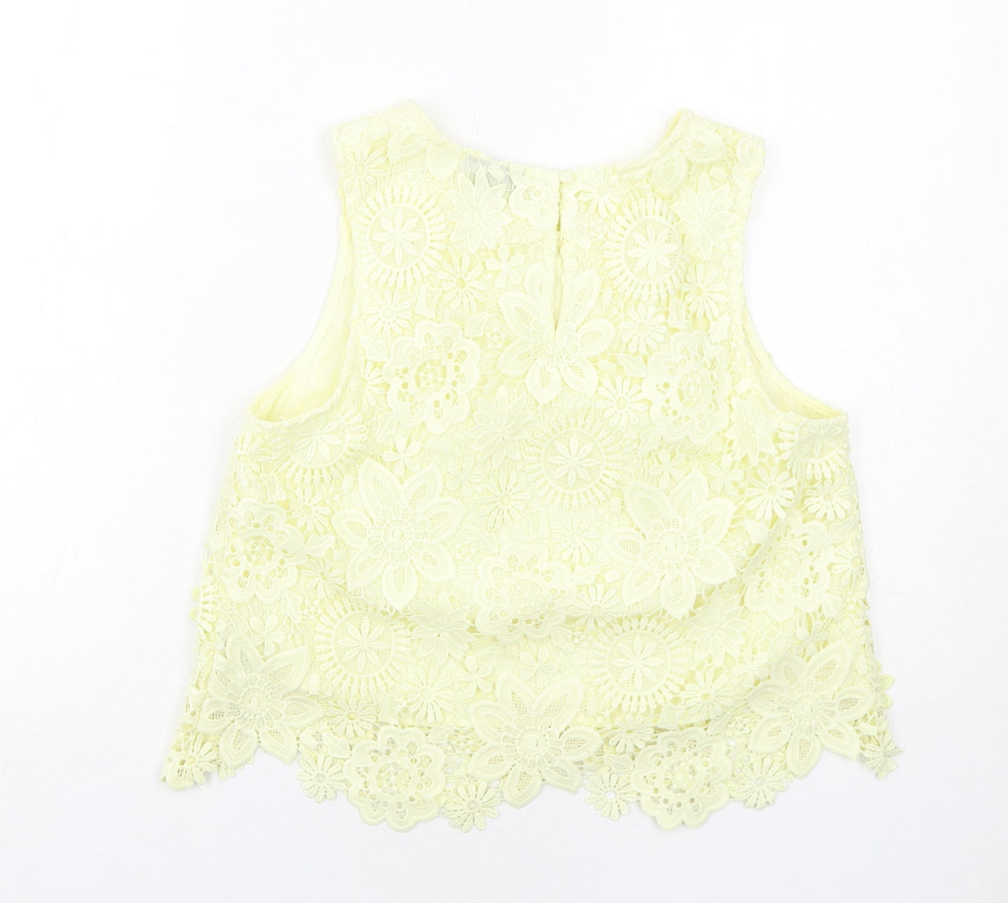 Topshop Womens Yellow Polyester Basic Blouse Size 12 Boat Neck - Crocheted Lace Overlay