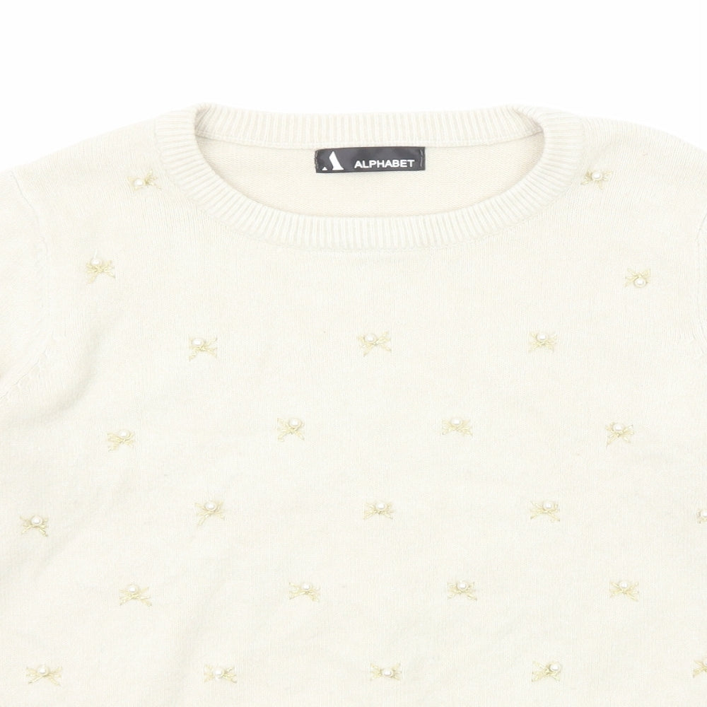 Alphabet Womens Beige Round Neck Geometric Viscose Pullover Jumper Size S