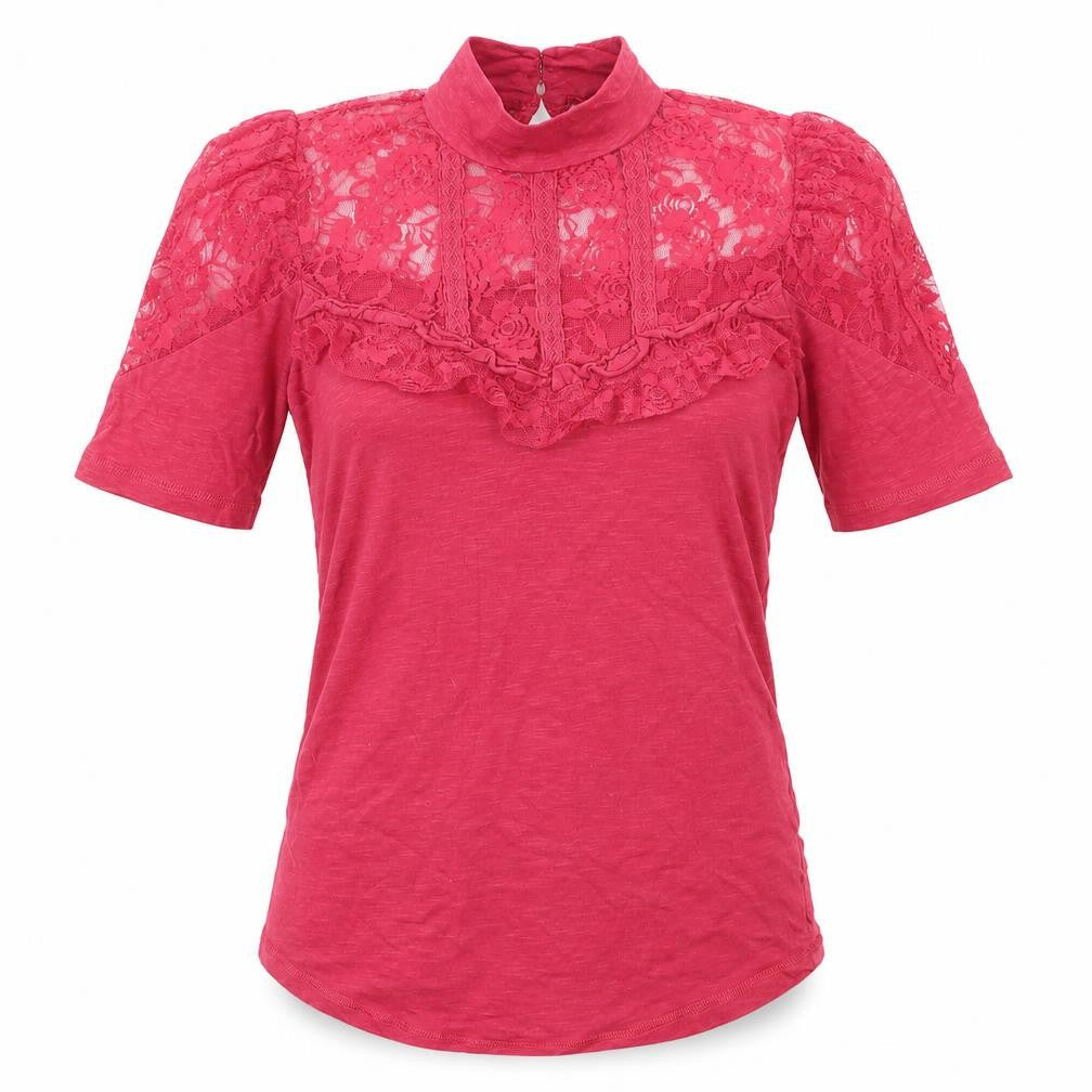 Front view of Miss Selfridge women’s pink cotton basic blouse, size UK 8, high neck - lace detail