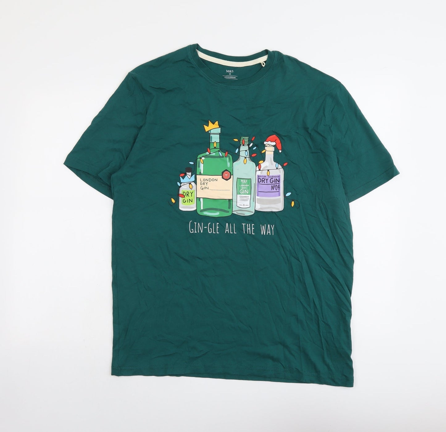 Marks and Spencer Mens Green Cotton T-Shirt Size M Round Neck - Gin-gle All The Way